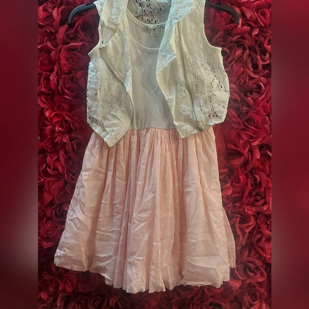 Knitworks Girls Size 10 Peach Polka Dot Dress with Lace Zip up Vest -2 piece set